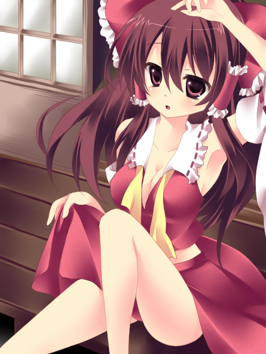 1girl, armpits, arms_up, bad_id, bad_pixiv_id, bow, breasts, brown_hair