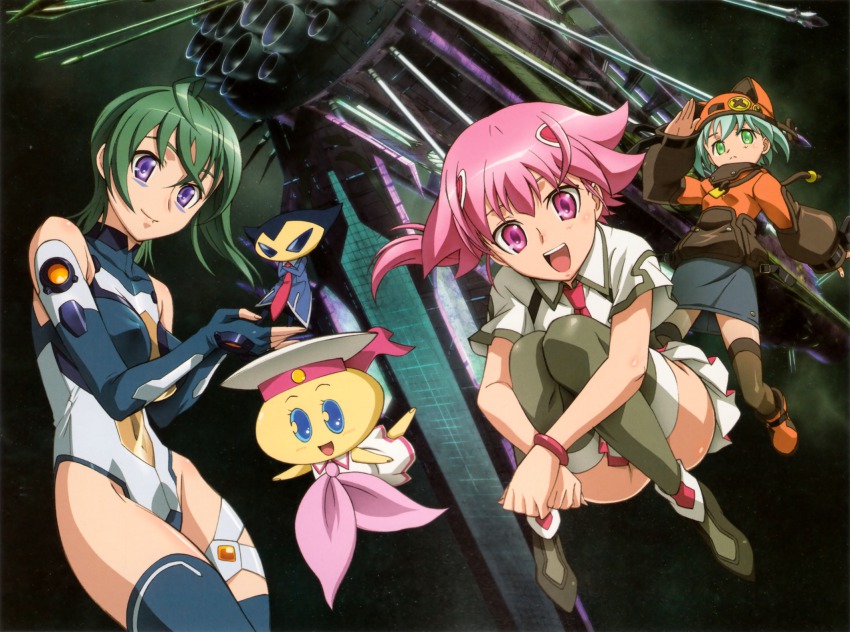 00s, 1boy, 3d, 4girls, ahoge, animal_ears, ankle_boots, aqua_hair, arm_up, bare_shoulders, binding_discoloration, black_eyes, black_hair, blue_eyes, blue_gloves, blue_legwear, body_blush, boots, bracelet, breasts, brown_legwear, buttons, cat_ears, censored, clenched_hands, coat, colored_skin, convenient_censoring, convenient_leg, covered_erect_nipples, covered_navel, crossed_arms, dress, elbow_gloves, facial_mark, fake_animal_ears, fingerless_gloves, floating_hair, flying, gloves, green_boots, green_eyes, green_hair, grey_legwear, groin, hat, helmet, highleg, highleg_leotard, highres, hip_bones, holding, hugging_own_legs, jewelry, kabashima_yousuke, kannagi_itsuki, kawai_honoka, large_buttons, leopard_(sorakake), leotard, long_hair, long_sleeves, mecha, medium_breasts, miniskirt, multiple_girls, necktie, no_panties, official_art, outstretched_arm, pencil_skirt, pink_eyes, pink_hair, pleated_skirt, ponytail, purple_eyes, red_eyes, robot, salute, scan, school_uniform, shirt, shishidou_akiha, shishidou_imoko, short_hair, short_sleeves, sitting, size_difference, skirt, sleeves_past_wrists, smile, soldier_ul, sora_wo_kakeru_shoujo, space, standing, thigh_strap, thighhighs, turtleneck, yellow_skin, zettai_ryouiki