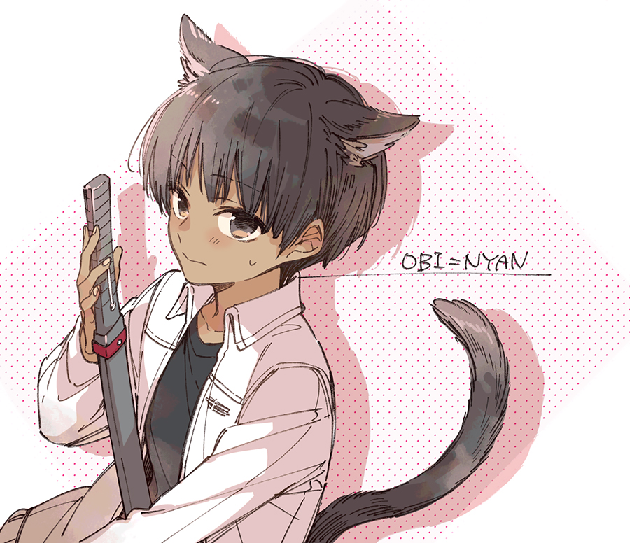 1girl, animal_ears, black_eyes, black_hair, cat_ears, cat_girl, cat_tail, closed_mouth