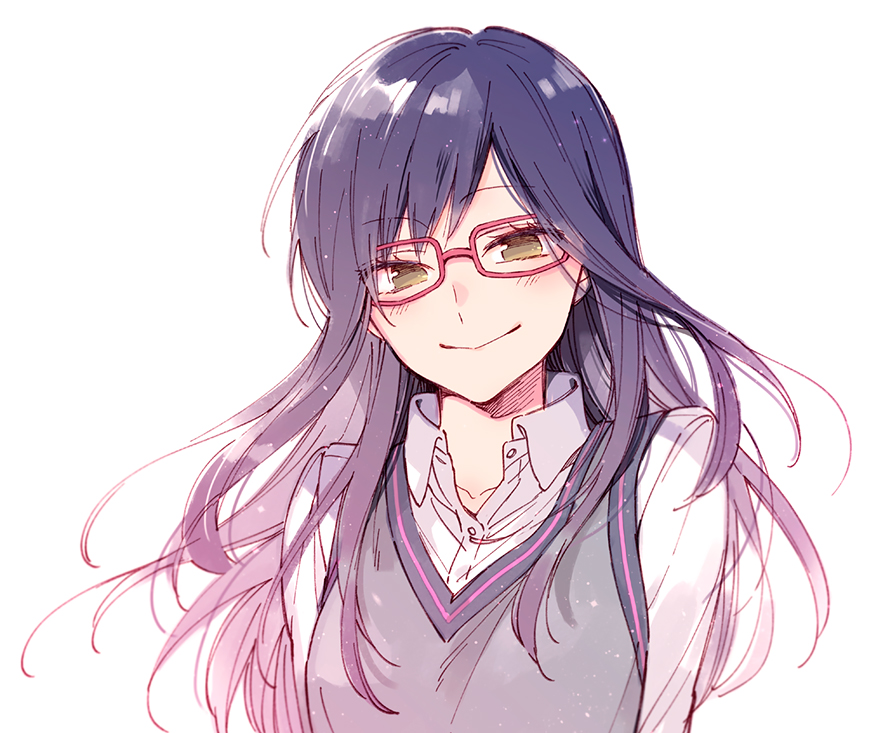 :>, blush, closed_mouth, collared_shirt, dress_shirt, glasses, green_eyes, long_hair, long_sleeves, looking_at_viewer, noeru_(putty), purple_hair, red-framed_eyewear, shirt, simple_background, smile, solo, sweater_vest, upper_body, usami_shiori, white_background, white_shirt, world_trigger