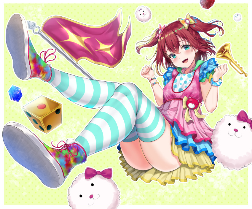 1girl, absurdres, aqua_eyes, aqua_scrunchie, aqua_thighhighs, artist_name, artist_request, blue_skirt, blush, bow, bracelet, clenched_hands, cotton_candy_ei-ei-oh!, cross-laced_footwear, dice, dress, eyelashes, female_focus, flag, frilled_dress, frills, full_body, green_eyes, green_skirt, hair_between_eyes, hair_bow, highres, horn_(instrument), jewelry, kurosawa_ruby, love_live!, love_live!_school_idol_festival, love_live!_sunshine!!, multicolored_shoes, pink_shirt, pleated_skirt, polka_dot, polka_dot_shirt, rama_(yu-light8), red_hair, ribbon, scrunchie, shirt, shoes, short_hair, skirt, smile, solo, striped_clothes, striped_thighhighs, teeth, thighhighs, twintails, upper_teeth_only, white_shirt, white_thighhighs, wrist_bracelet, wrist_scrunchie
