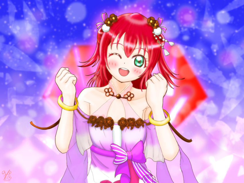 1girl, aqua_eyes, artist_name, artist_request, bare_shoulders, blush, breasts, brown_hair