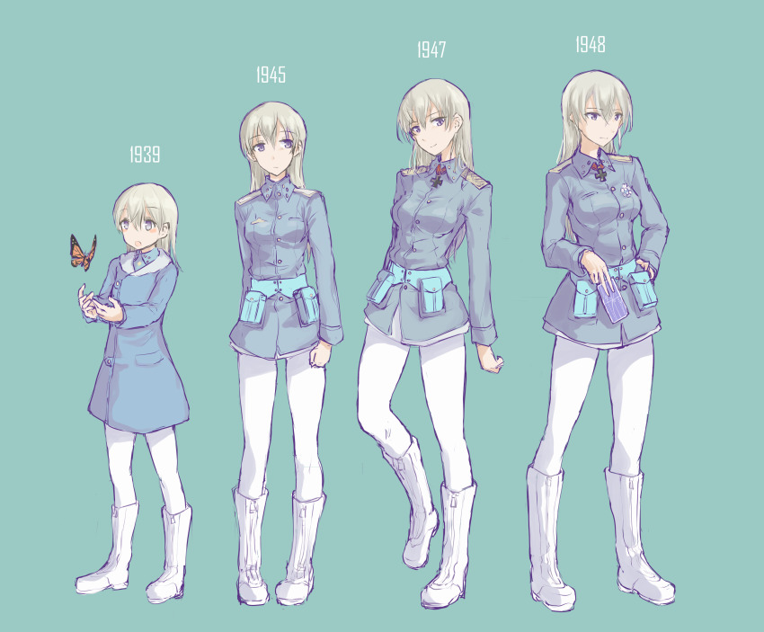 1girl, absurdres, age_progression, aged_down, aged_up, alternate_costume, aqua_background, blonde_hair, blush_stickers, boots, brave_witches, bug, butterfly, card, cross, eila_ilmatar_juutilainen, hair_between_eyes, hand_on_own_hip, highres, insect, iron_cross, knee_boots, long_hair, looking_to_the_side, military, military_uniform, multiple_views, pantyhose, pigeon-toed, pondo_(peng-model), purple_eyes, smile, strike_witches, tarot, tarot_card, world_witches_series