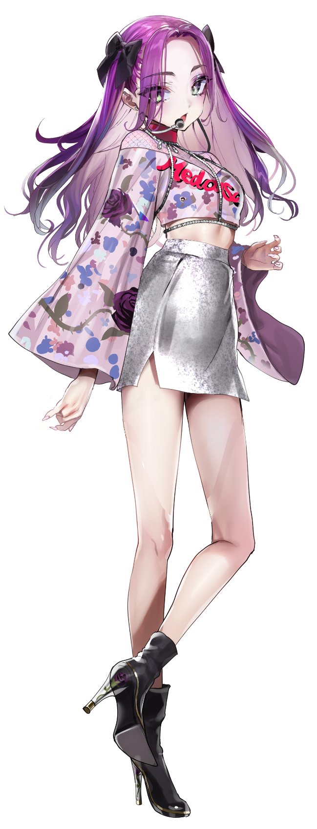 1girl, black_boots, black_bow, boots, bow, clothes_writing, crop_top, ear_piercing