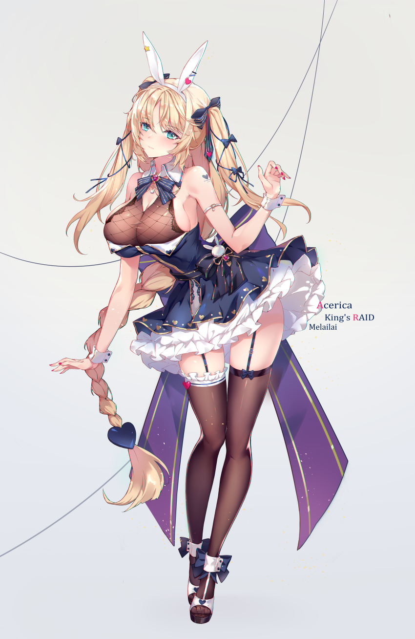 1girl, absurdres, animal_ears, aqua_eyes, artist_name, aselica, aselica_(king's_raid), black_thighhighs, blonde_hair, blush, bow, braid, breasts, character_name, copyright_name, fake_animal_ears, hair_bow, hair_ornament, highres, large_breasts, long_hair, melailai, nail_polish, rabbit_ears, red_nails, short_twintails, single_braid, skirt, tattoo, thighhighs, twintails, very_long_hair, wrist_cuffs