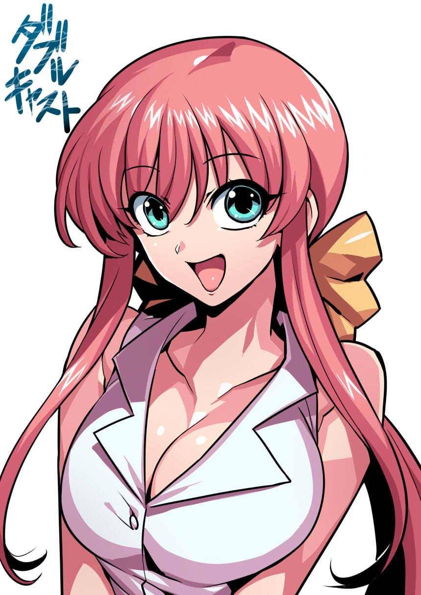 1girl, akasaka_mitsuki, breasts, cleavage, commentary_request, double_cast, hair_ribbon, highres