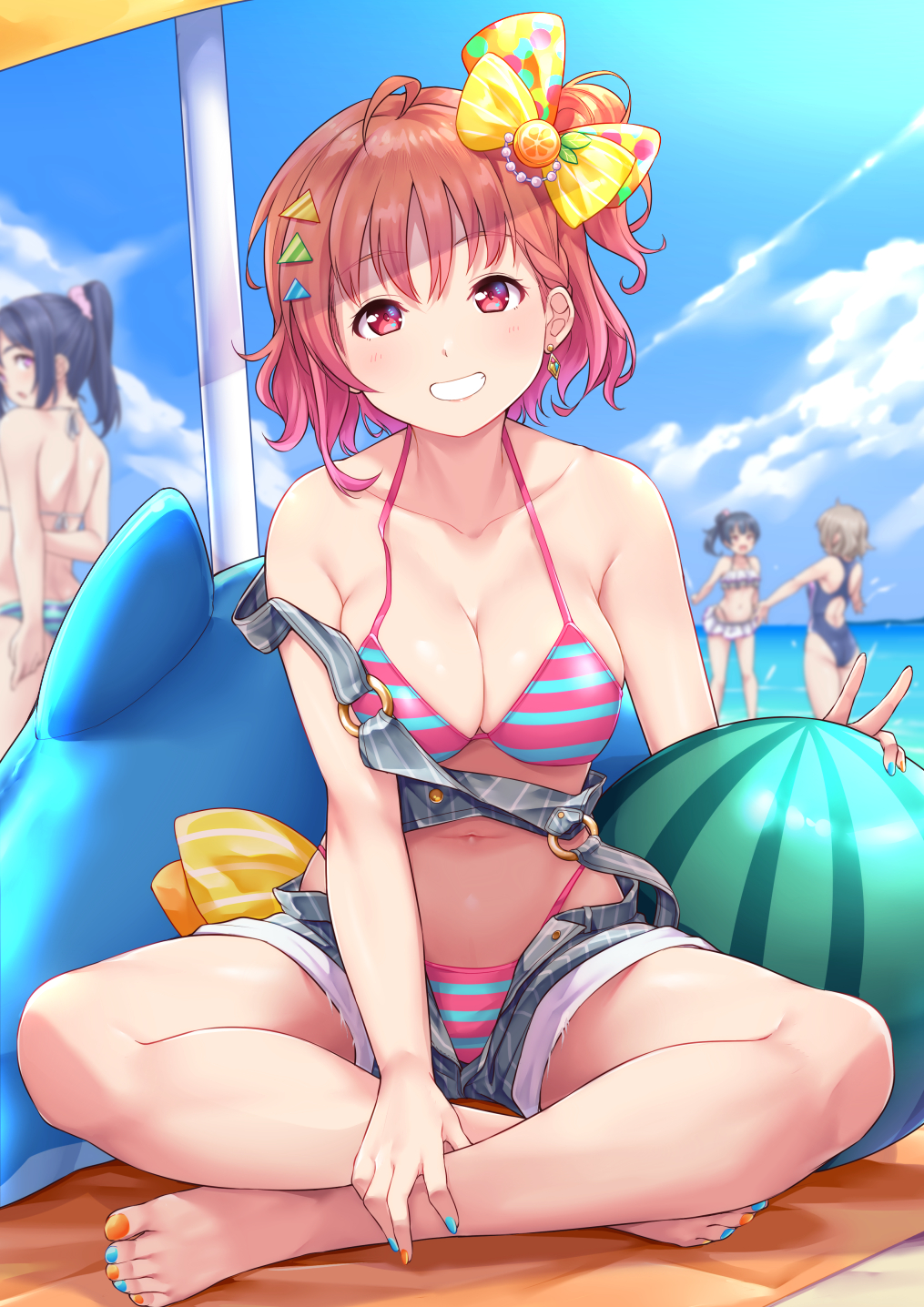 4girls, ahoge, ass, ball, bare_shoulders, barefoot, beach_towel, beach_umbrella