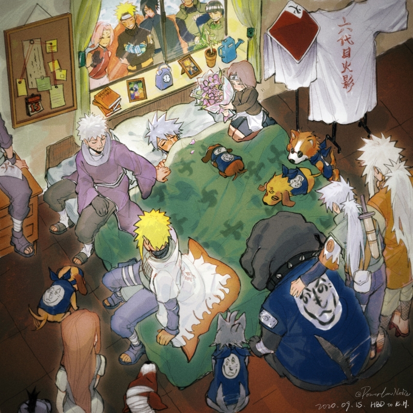 3girls, 6+boys, ^_^, akino_(naruto), alarm_clock, animal, arm_around_shoulder, armor, bed, bisuke_(naruto), black_cloak, black_footwear, black_gloves, black_hair, black_jumpsuit, black_pants, black_shirt, black_shorts, blanket, blonde_hair, blue_footwear, blue_headband, blue_pants, blue_shirt, book, book_stack, bouquet, bowl_cut, brown_hair, bull_(naruto), bulletin_board, cloak, clock, closed_eyes, coat, dated, dog, facing_another, father_and_child, father_and_son, flower, full_body, ghost, gift, gloves, green_jumpsuit, green_vest, grin, guruko_(naruto), hair_over_one_eye, happuri, haruno_sakura, hat, hatake_kakashi, hatake_sakumo, headband, highres, holding, holding_bouquet, jacket, japanese_armor, jiraiya_(naruto), jumpsuit, leg_wrap, long_coat, long_hair, looking_at_another, lying, medium_hair, mi_lu_zaosheng, might_guy, multicolored_clothes, multiple_boys, multiple_dogs, multiple_girls, namikaze_minato, naruto_(classic), naruto_(series), naruto_shippuuden, nohara_rin, on_back, on_bed, orange_jumpsuit, pakkun_(naruto), pants, parent_and_child, picture_frame, pillow, pink_hair, pink_skirt, ponytail, purple_robe, red_coat, red_hair, red_headband, red_headwear, red_jacket, robe, sandals, sarutobi_asuma, scabbard, scar, scar_across_eye, scar_on_face, seiza, sheath, sheathed, shiba_(naruto), shirt, short_hair, short_sword, shorts, single_glove, sitting, skirt, sleeping, sleeveless, sleeveless_jacket, smile, sword, tantou, twitter_username, uchiha_obito, uchiha_sasuke, upper_body, urushi_(naruto), uuhei_(naruto), uzumaki_kushina, uzumaki_naruto, vest, weapon, white_coat, white_hair, yamato_(naruto)