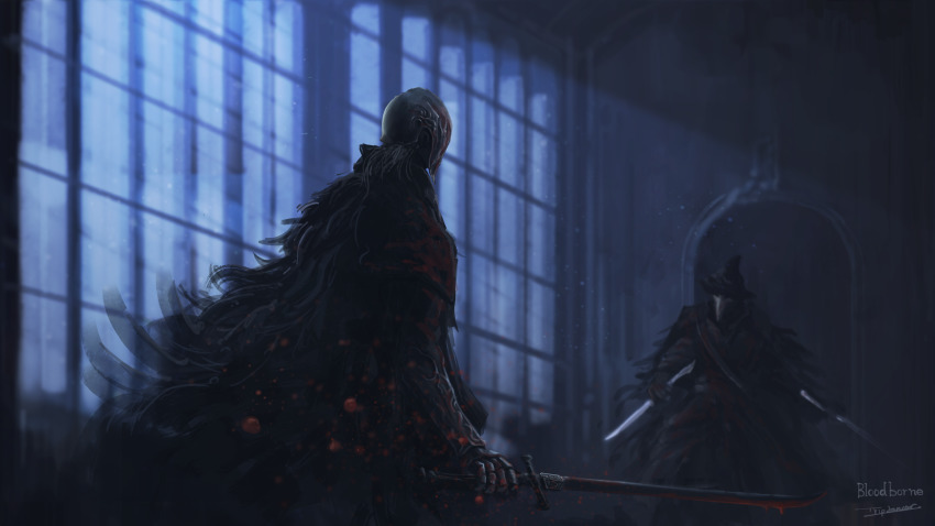 1boy, 1girl, artist_name, black_cloak, black_hair, black_headwear, blade_of_mercy, bloodborne