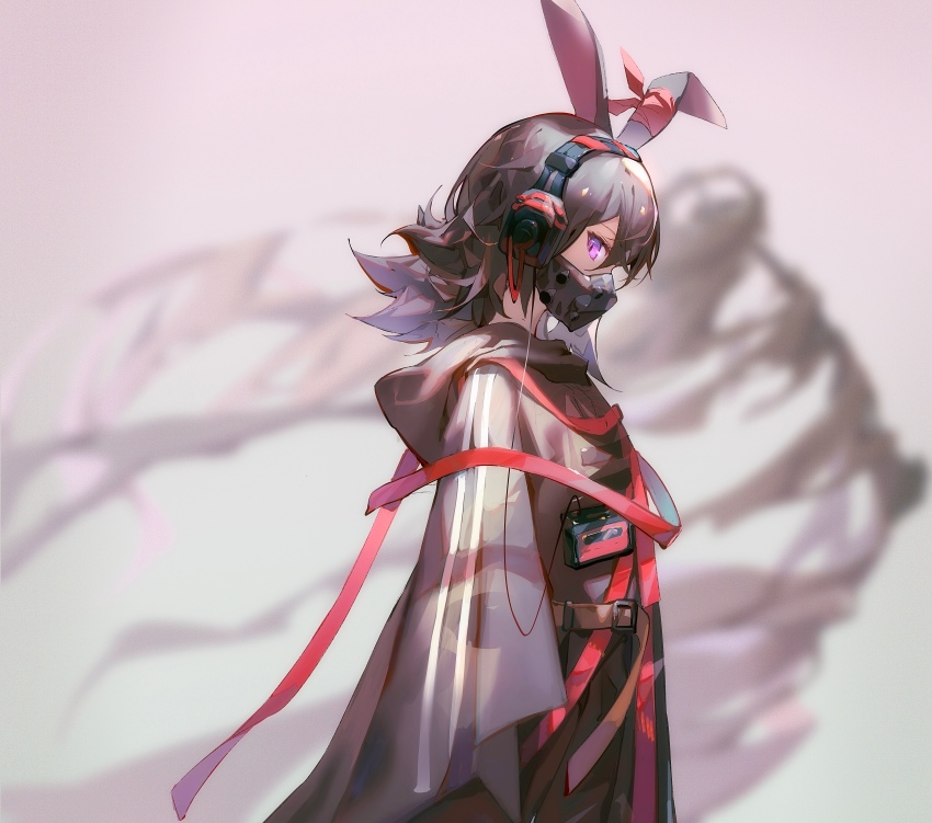 1girl, absurdres, animal_ears, april_(arknights), april_(faraway_gaze)_(arknights), arknights, commentary_request, cowboy_shot, dadijiji, from_side, grey_hair, headphones, highres, hood, hood_down, jacket, long_hair, looking_at_viewer, mask, mouth_mask, official_alternate_costume, profile, purple_eyes, rabbit_ears, solo