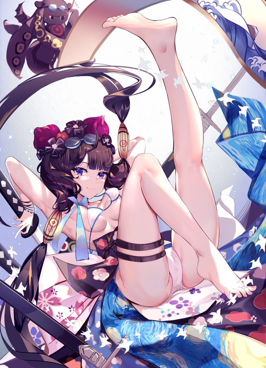 1girl, absurdres, armpits, barefoot, bikini, black_hair, blue_eyes, bracelet, breasts, chinese_commentary, closed_mouth, commentary_request, fate/grand_order, fate_(series), feet, flower, goggles, goggles_on_head, hair_flower, hair_ornament, highres, jewelry, katana, katsushika_hokusai_(fate), katsushika_hokusai_(swimsuit_saber)_(fate), leg_up, looking_at_viewer, medium_breasts, pixiv_fate/grand_order_contest_1, sheath, sheathed, short_hair, smile, soles, solo, swimsuit, sword, toes, toto-sama_(fate), weapon, white_bikini, xiaoshan_jiang