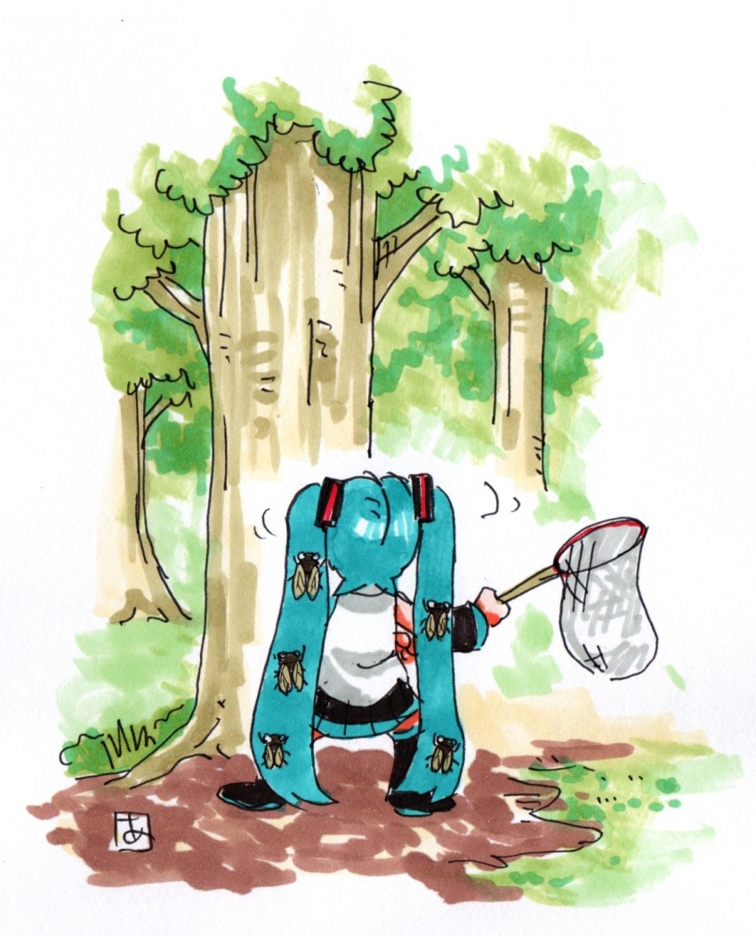 1girl, aqua_hair, aragai0157, bare_shoulders, black_skirt, black_sleeves, black_thighhighs, bug