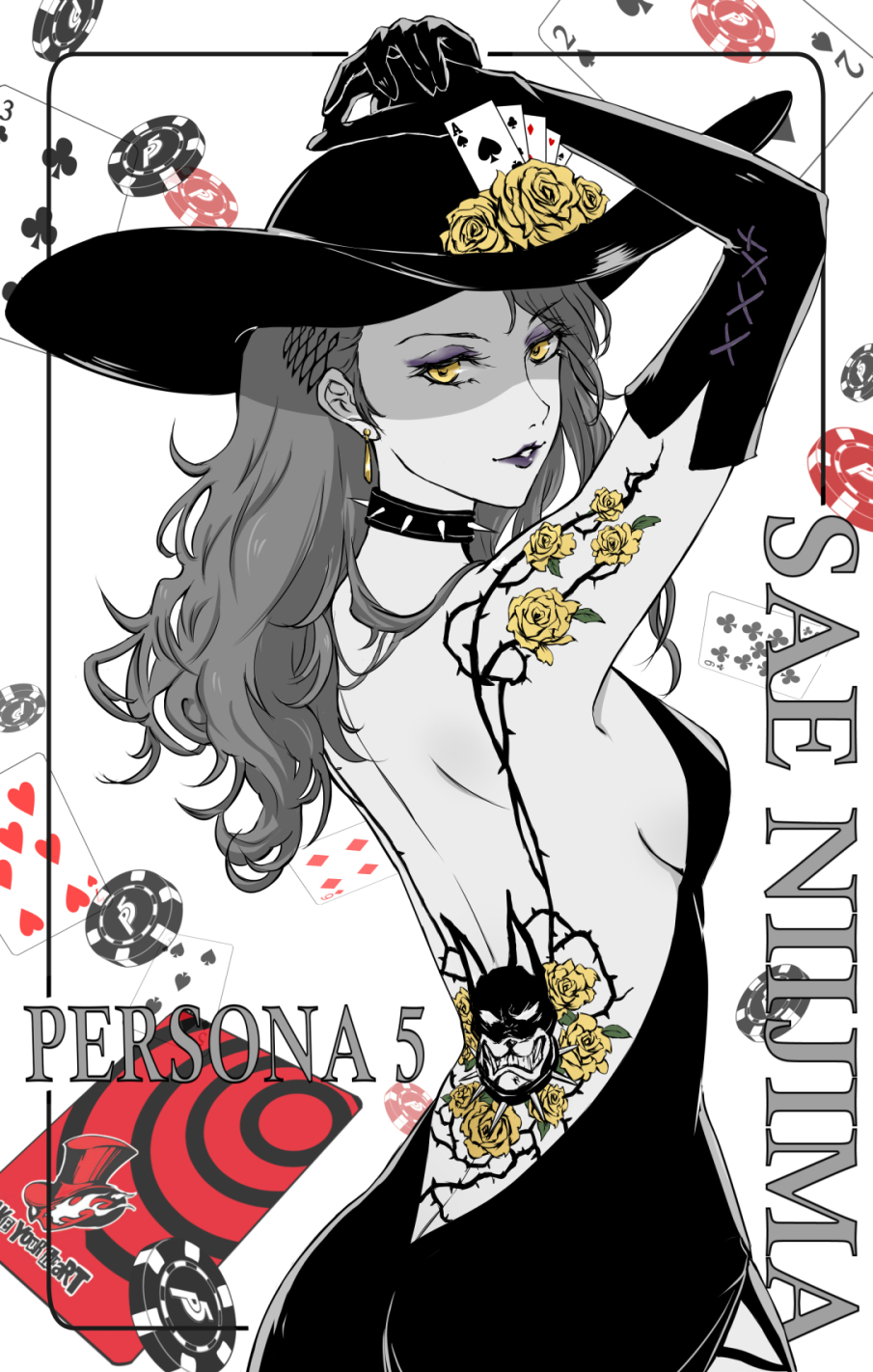 1girl, arm_up, armpits, back, back_tattoo, backless_dress, backless_outfit, black_dress, black_headwear, black_lips, breasts, card, character_name, collar, copyright_name, dress, earrings, elbow_gloves, eyeshadow, flower, from_behind, gloves, hair_behind_ear, highres, jewelry, kerokeroyeah, lipstick, long_hair, makeup, niijima_sae, parted_lips, persona, persona_5, persona_5_the_royal, playing_card, rose, shadow_(persona), shadow_sae, shoulder_tattoo, sideboob, spiked_collar, spikes, tattoo, yellow_eyes, yellow_flower, yellow_rose