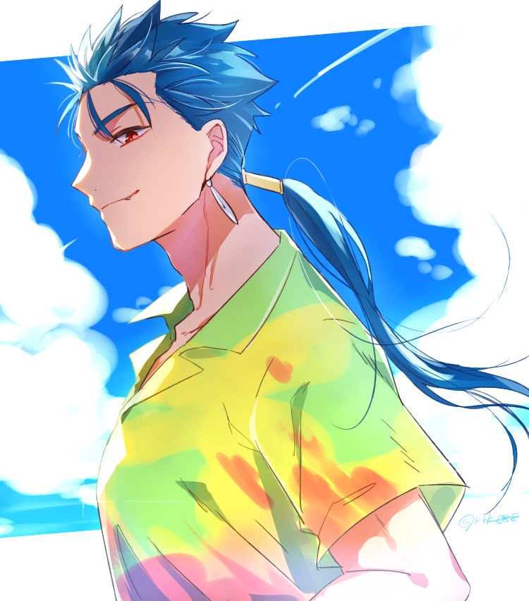 1boy, bberry, blue_hair, closed_mouth, cloud, cu_chulainn_(aloha_shirt)_(fate), cu_chulainn_(fate), cu_chulainn_(lancer)_(fate)