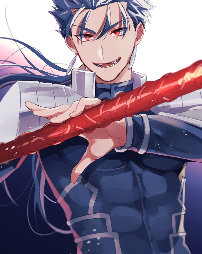 1boy, armor, bberry, blue_background, blue_bodysuit, blue_hair, bodysuit, cu_chulainn_(fate)