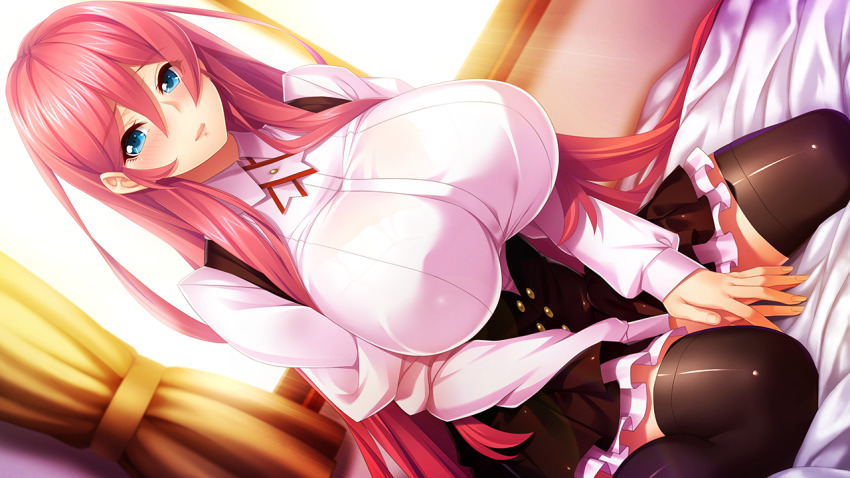 1girl, blue_eyes, blush, breasts, closed_mouth, curtains, day, dutch_angle