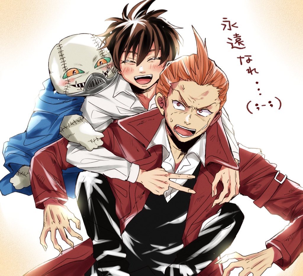 3boys, black_hair, carrying, cloak, coat, commentary, coro_(leocorok), darren_shan