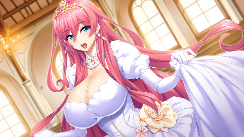 1girl, blue_eyes, blush, breasts, chandelier, cleavage, crown, detached_collar, dress, earrings, female_focus, floating_hair, flower, game_cg, hadashi_shoujo, hair_between_eyes, happy, hayama_kazusa, holding, holding_unworn_clothes, indoors, jewelry, large_breasts, light_blush, long_hair, looking_at_viewer, nanatsuzaka_miori, open_mouth, pink_hair, princess_heart_link_~kenki-tachi_no_enbu~, smile, solo, standing, white_dress