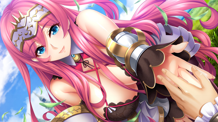 1girl, bare_shoulders, blue_eyes, blush, bra, breasts, cleavage, crown