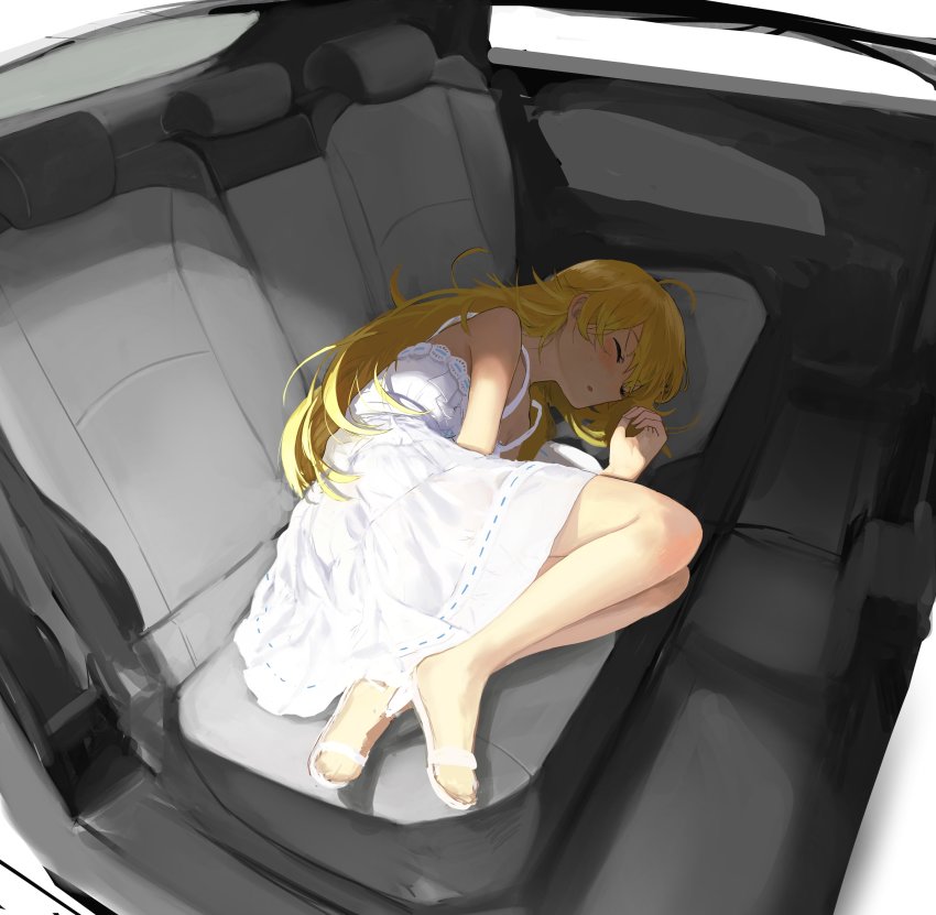 1girl, absurdres, ahoge, bare_shoulders, blonde_hair, blush, car, car_interior, car_seat, dress, epitaph_(1122), high_heel_sandals, high_heels, highres, hoshii_miki, idolmaster, idolmaster_(classic), long_hair, lying, motor_vehicle, on_side, ribbon-trimmed_dress, ribbon_trim, sandals, shoes, sleeping, sleeveless, sleeveless_dress, solo, white_dress, white_shoes