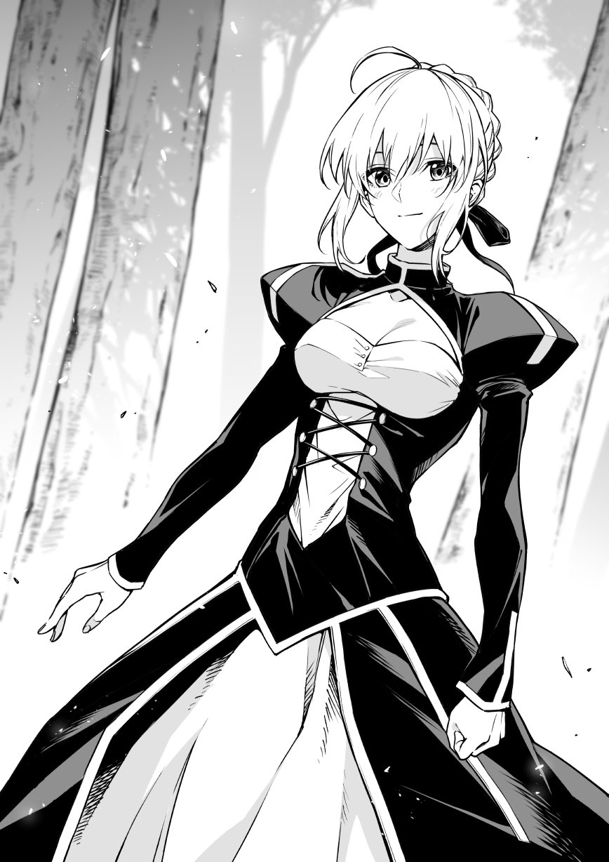 1girl, ahoge, artoria_pendragon_(fate), blush, braid, braided_bun, breasts, cleavage_cutout