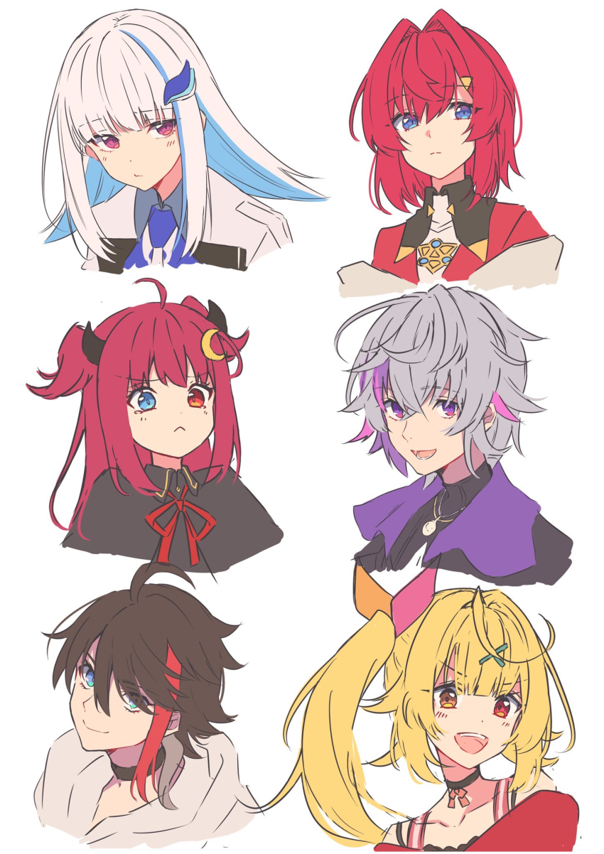 2boys, 4girls, :<, :d, ange_katrina, ange_katrina_(1st_costume), bare_shoulders, black_capelet, black_choker, black_hair, black_jacket, blonde_hair, blue_eyes, blue_hair, blunt_bangs, blush, brown_eyes, brown_ribbon, capelet, choker, closed_mouth, collarbone, cropped_torso, fuwa_minato, fuwa_minato_(1st_costume), grey_hair, grey_hoodie, hair_between_eyes, hair_ornament, hair_ribbon, hairclip, heterochromia, highres, hood, hood_down, hoodie, hoshikawa_sara, hoshikawa_sara_(2nd_costume), jacket, lize_helesta, lize_helesta_(1st_costume), long_hair, multicolored_hair, multiple_boys, multiple_girls, nijisanji, off_shoulder, open_mouth, pink_hair, pink_ribbon, purple_eyes, purple_hair, red_eyes, red_hair, red_jacket, ribbon, saegusa_akina, saegusa_akina_(1st_costume), shirt, side_ponytail, simple_background, smile, streaked_hair, talunilu_uu3, two-tone_hair, two_side_up, upper_body, v-shaped_eyebrows, virtual_youtuber, white_background, white_hair, white_jacket, white_shirt, x_hair_ornament, yuzuki_roa