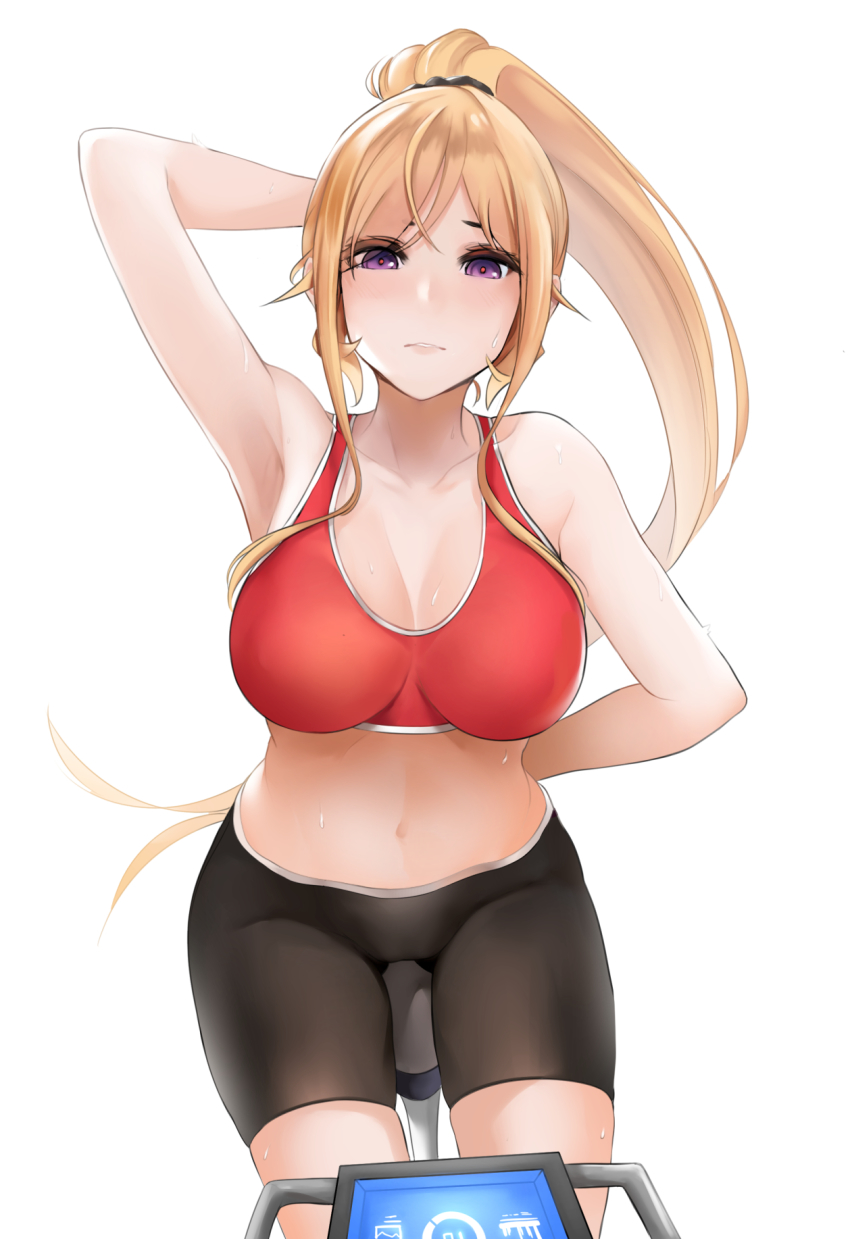 1girl, arm_behind_back, arm_behind_head, armpits, bare_shoulders, bike_shorts, black_shorts, blonde_hair
