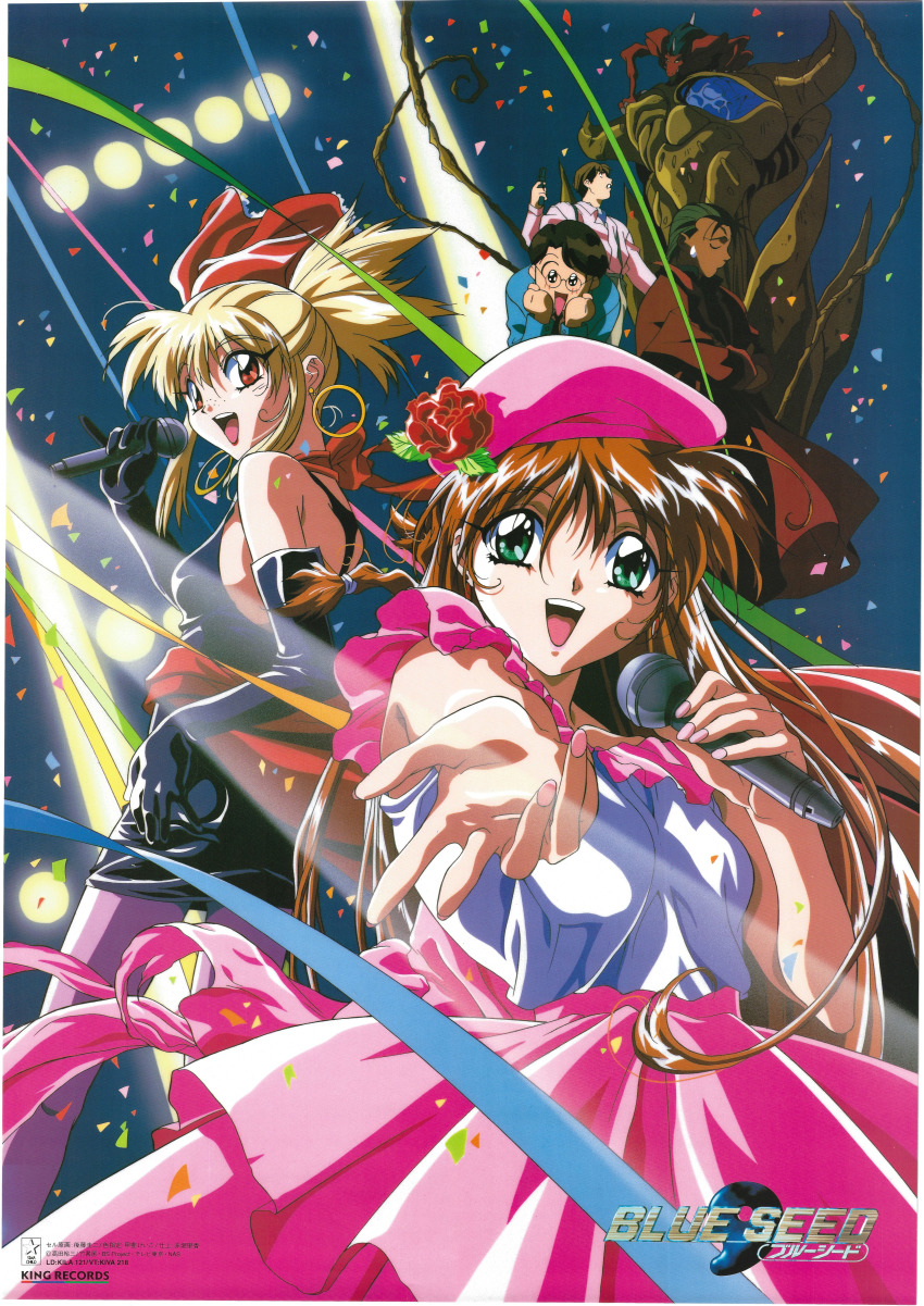 1990s_(style), 2girls, 3girls, absurdres, aqua_eyes, black_gloves, blonde_hair, blue_seed