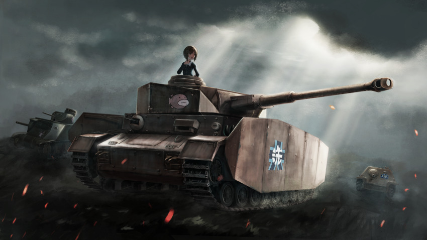 1girl, aliasing, anglerfish, brown_eyes, brown_hair, caterpillar_tracks, cloud, cloudy_sky, emblem, fish, girls_und_panzer, highres, jagdpanzer_38(t), kumagoro1108, m3_lee/grant, military, military_vehicle, motor_vehicle, nishizumi_miho, ooarai_(emblem), ooarai_military_uniform, panzer_iv, sky, sunlight, tank, tank_destroyer