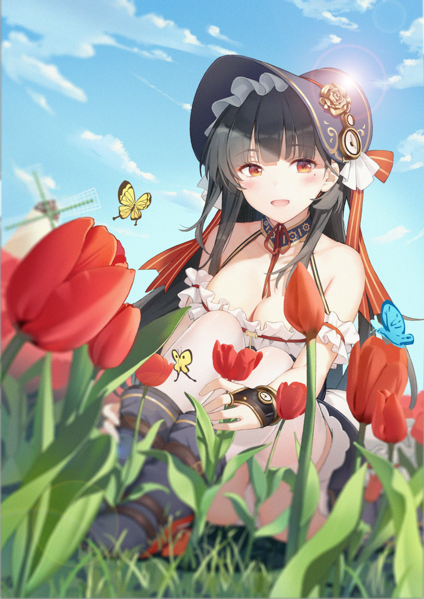 1girl, absurdres, black_hair, black_hat, blue_sky, breasts, bug, butterfly
