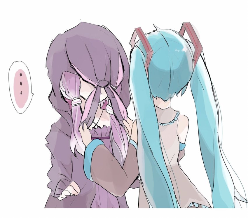 ..., 2girls, animal_ears, animal_hood, aqua_hair, bare_shoulders, black_sleeves, rabbit_ears