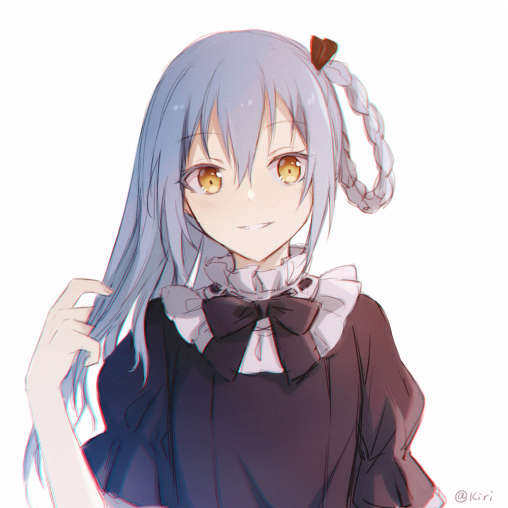 1other, androgynous, blue_hair, blush, braid, frills, hair_between_eyes, hair_ribbon, hand_in_own_hair, long_hair, looking_at_viewer, open_mouth, ribbon, rimuru_tempest, simple_background, smile, solo, tensei_shitara_slime_datta_ken, tohoko_kiri, white_background, yellow_eyes