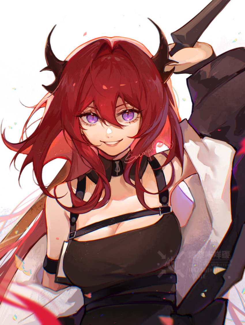 1girl, arknights, arm_up, bare_shoulders, black_dress, breasts, cleavage, dress, etiv, grin, hair_between_eyes, hair_intakes, highres, horns, long_hair, looking_at_viewer, medium_breasts, purple_eyes, red_hair, smile, solo, surtr_(arknights), upper_body, white_background