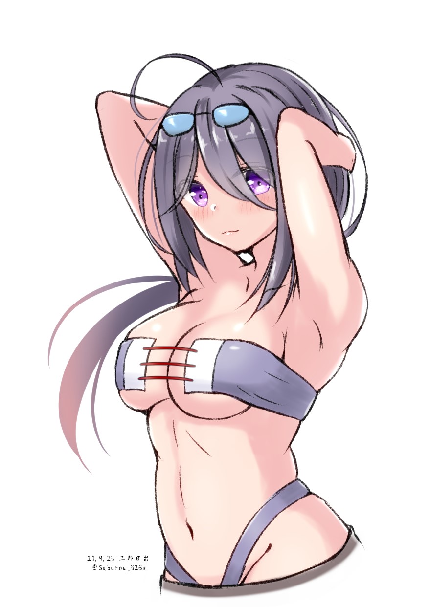 1girl, ariake_(kancolle), ariake_(swimsuit)_(kancolle), arms_behind_head, artist_name, bikini, black_hair, breasts