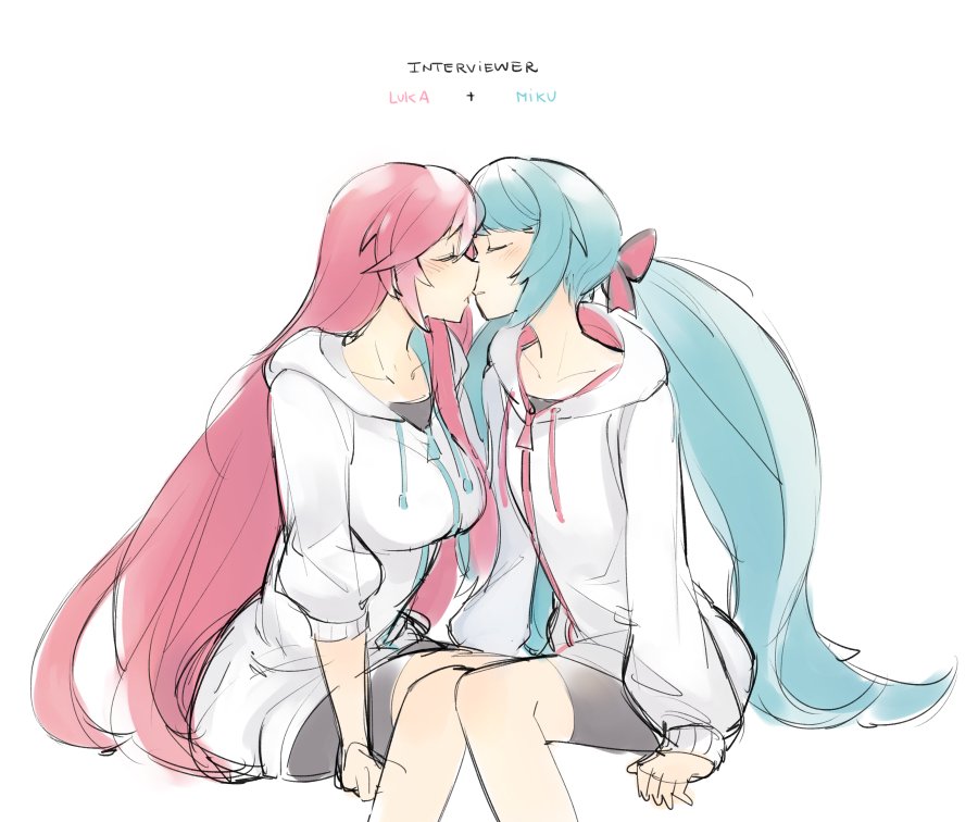 2girls, alternate_hairstyle, bikini, blush, bow, breasts, character_name, closed_eyes, commentary, drawstring, english_commentary, english_text, flat_chest, ge-b, green_hair, hair_bow, hatsune_miku, hood, hood_down, hoodie, imminent_kiss, interviewer_(vocaloid), invisible_chair, large_breasts, long_hair, long_sleeves, low_twintails, megurine_luka, multiple_girls, pink_bow, pink_hair, sitting, sketch, sleeves_past_wrists, sleeves_pushed_up, swimsuit, twintails, very_long_hair, vocaloid, white_background, white_hoodie, yuri, zipper
