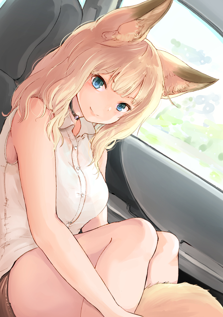1girl, animal_ear_fluff, animal_ears, batta_(kanzume_quality), between_legs, blonde_hair, blue_eyes, car