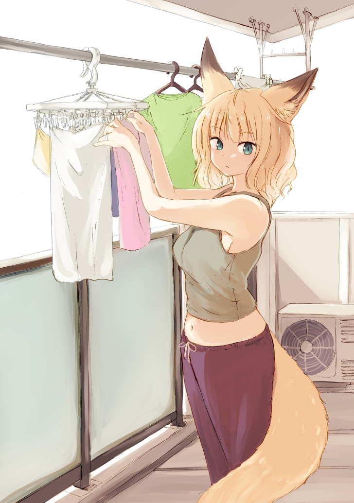 1girl, animal_ear_fluff, animal_ears, balcony, batta_(kanzume_quality), blonde_hair, blue_eyes, clothes