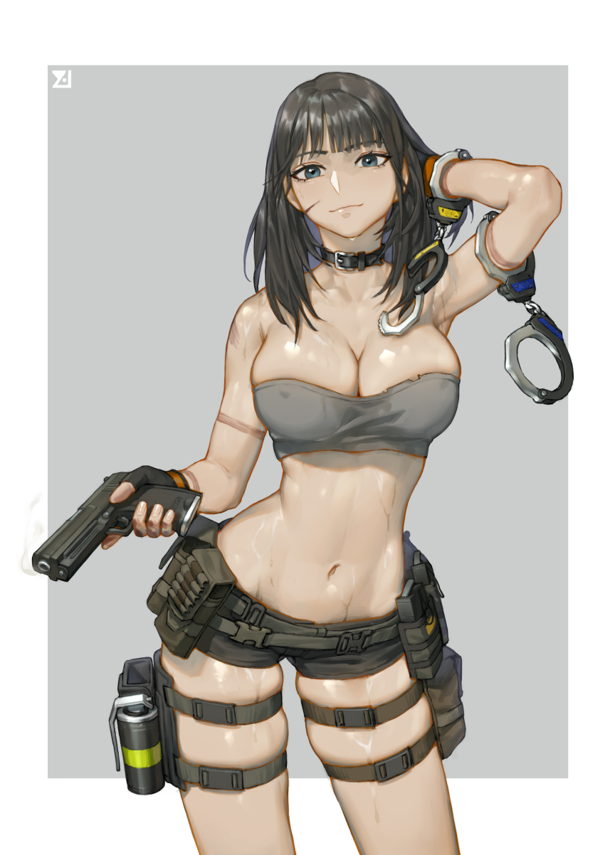 1girl, absurdres, bandeau, black_hair, blue_eyes, blunt_bangs, border, breasts