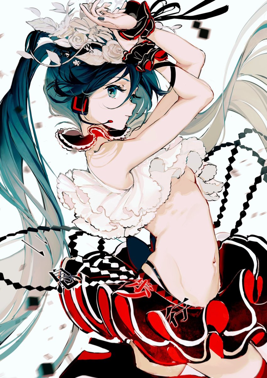 1girl, aqua_eyes, aqua_hair, aqua_nails, bare_shoulders, black_skirt, bless_you_(module), blurry, blurry_background, boots, breasts, commentary, cowboy_shot, crop_top, cube, flower, frilled_shirt, frills, from_side, hair_flower, hair_ornament, hands_up, hatsune_miku, hatsune_miku_(bless_you), headphones, headset, high_heel_boots, high_heels, highres, hip_bones, leg_up, light_smile, long_hair, looking_at_viewer, midriff, miniskirt, nail_polish, navel, nisoku_hokou_(vocaloid), parted_lips, project_diva_(series), rose, rumoon, scrunchie, shirt, skirt, small_breasts, solo, song_name, twintails, underboob, very_long_hair, vocaloid, white_background, white_flower, white_rose, white_shirt, wrist_scrunchie
