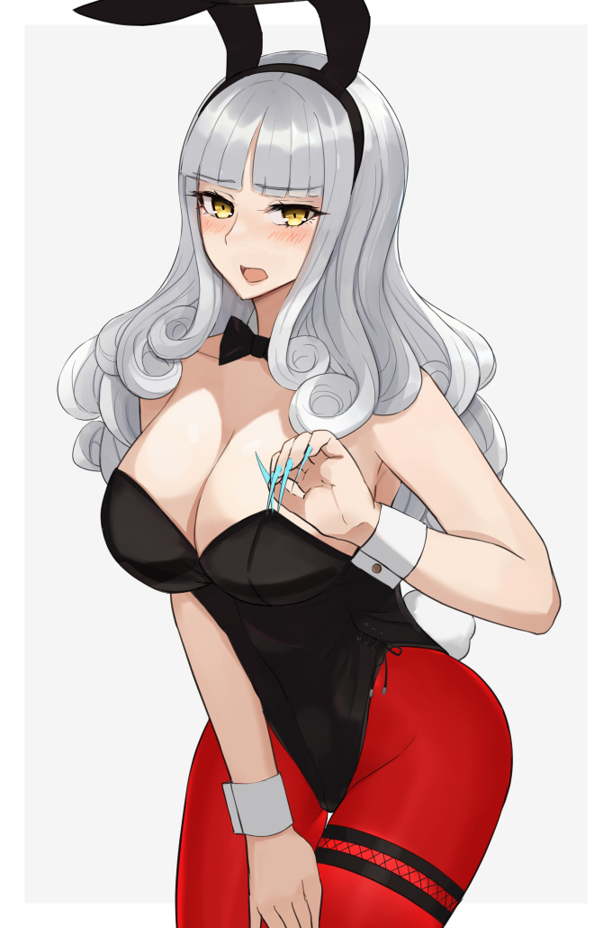 1girl, alternate_costume, animal_ears, black_leotard, black_neckwear, blue_nails, breasts, carmilla_(fate), cowboy_shot, curly_hair, detached_collar, fake_animal_ears, fake_tail, fate/grand_order, fate_(series), fingernails, grey_background, grey_hair, kozara14, large_breasts, leotard, long_fingernails, nail_polish, pantyhose, playboy_bunny, rabbit_ears, rabbit_tail, red_pantyhose, sharp_fingernails, side-tie_leotard, simple_background, solo, standing, strapless, strapless_leotard, tail, wrist_cuffs, yellow_eyes