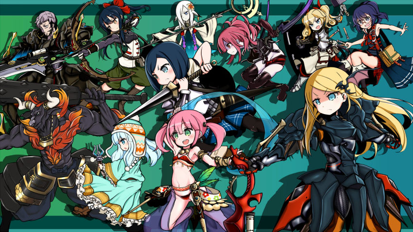 2boys, 6+girls, :d, armor, bikini, blonde_hair, blue_eyes, blue_skirt