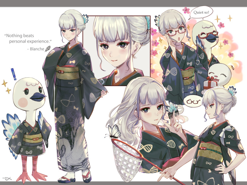 !, 1girl, ^_^, adjusting_eyewear, animal, animal_crossing, animal_print, bird, bird_print, black_eyes, black_kimono, blanche_(animal_crossing), blush, blush_stickers, bug, butterfly, butterfly_net, closed_eyes, clothed_animal, comb, csyday, english_text, feather_hair_ornament, feathers, flower, furry, furry_female, geta, hair_bun, hair_down, hair_ornament, unworn_hair_ornament, hand_net, hand_on_own_hip, highres, holding, holding_butterfly_net, holly_hair_ornament, insect, japanese_clothes, kimono, letterboxed, lipstick, long_hair, makeup, mascara, multiple_views, net, nintendo, obi, outside_border, personification, pinching_sleeves, print_kimono, red-framed_eyewear, sash, semi-rimless_eyewear, shared_speech_bubble, short_kimono, sidelocks, single_hair_bun, smile, sparkle, speech_bubble, standing, standing_on_one_leg, tabi, tasuki, under-rim_eyewear, white_hair