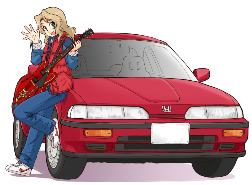 1girl, :d, back_to_the_future, blonde_hair, blue_eyes, blue_jacket, blue_pants, commentary
