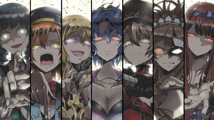 6+girls, absurdres, ahoge, angry, beret, bikini, black_gloves, black_hair