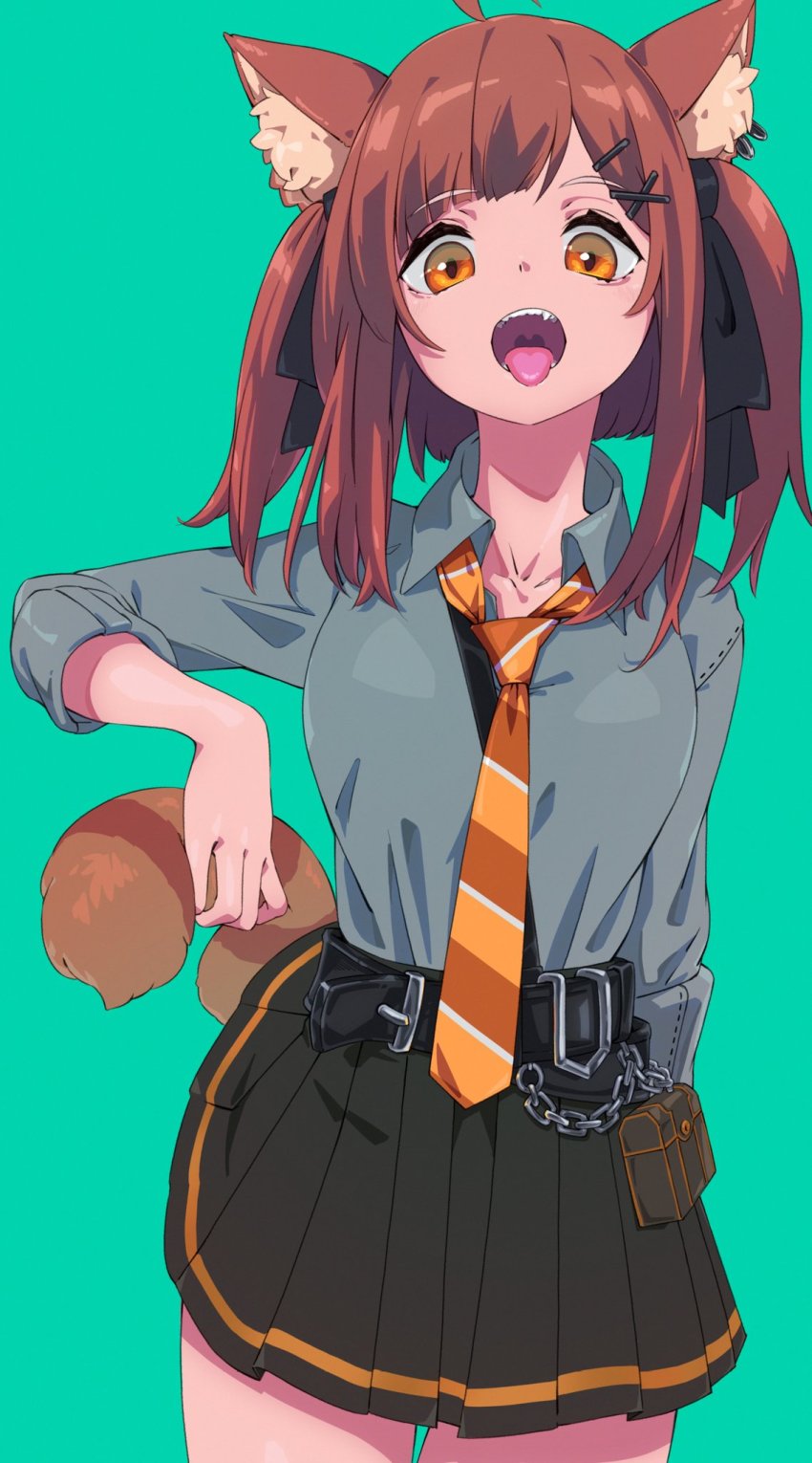 1girl, ahoge, animal_ear_fluff, belt, belt_buckle, black_belt, black_bow, black_skirt