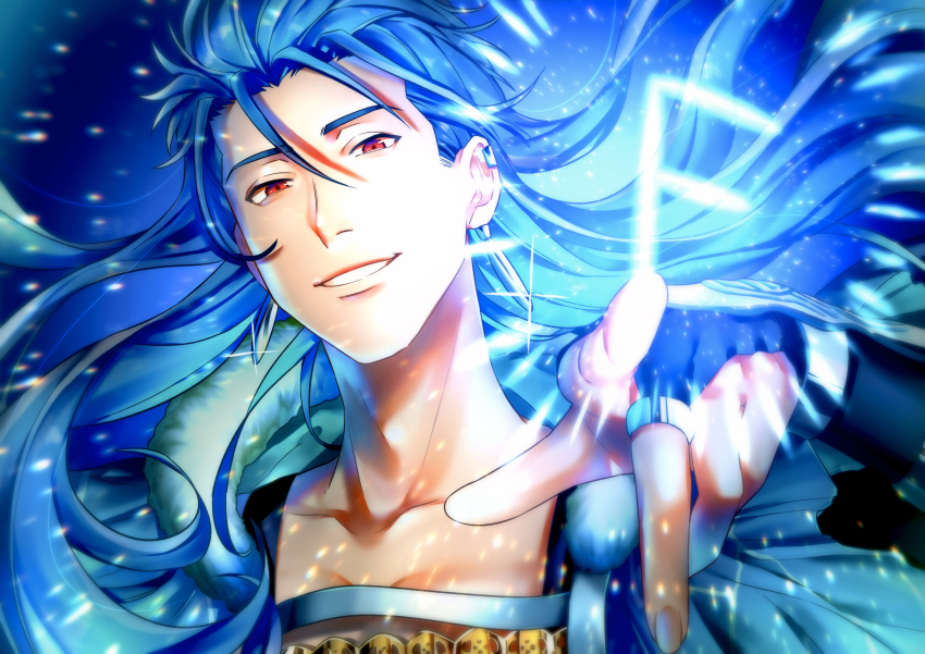 1boy, absurdres, ansuz, bad_id, bad_pixiv_id, blue_hair, collarbone, cu_chulainn_(caster)_(fate)