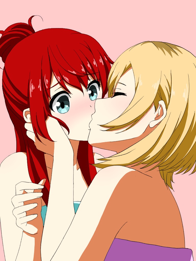 2girls, blue_eyes, blush, closed_eyes, commentary, hair_bun, hand_on_another's_face, kiss, light_brown_hair, long_hair, looking_at_another, miyamori_aoi, multiple_girls, pink_background, rainen_no_natsu_mo, red_hair, sakaki_shizuka, shirobako, short_hair, simple_background, single_hair_bun, surprise_kiss, surprised, towel, upper_body, yuri