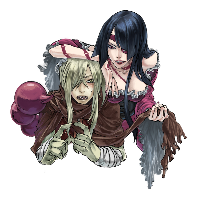 00s, 1boy, 1girl, adiane, bandages, blonde_hair, blue_hair, blush, breasts, chawan_fukasu, cleavage, corset, couple, eyepatch, fingers_together, hetero, index_fingers_together, long_hair, musu_(1plus), red_eyes, scorpion_tail, sharp_teeth, sweatdrop, tail, tattoo, teeth, tengen_toppa_gurren_lagann, time_paradox, viral_(ttgl), yellow_eyes