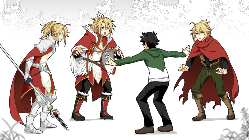 4boys, akikan_ooo, blonde_hair, boots, brown_hair, cape, cloak, hair_ornament