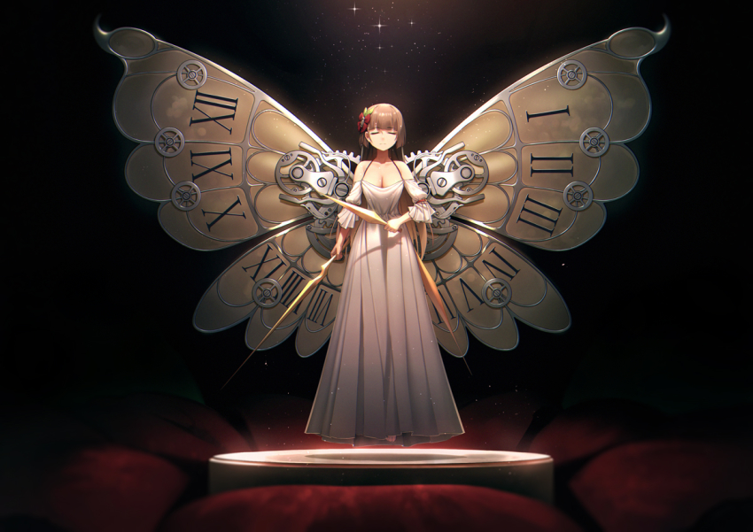1girl, armlet, blunt_bangs, brown_hair, butterfly_wings, closed_eyes, dress, floating, insect_wings, jewelry, long_hair, off_shoulder, solo, standing, very_long_hair, warship_girls, wings